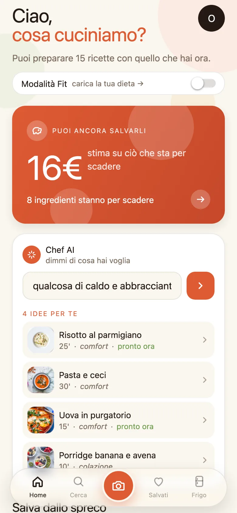 Schermata Home di My Meals: Chef AI propone quattro ricette pronte con gli ingredienti del frigo