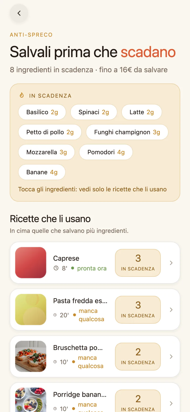 Sezione anti-spreco di My Meals: 8 ingredienti in scadenza, fino a 16€ da salvare
