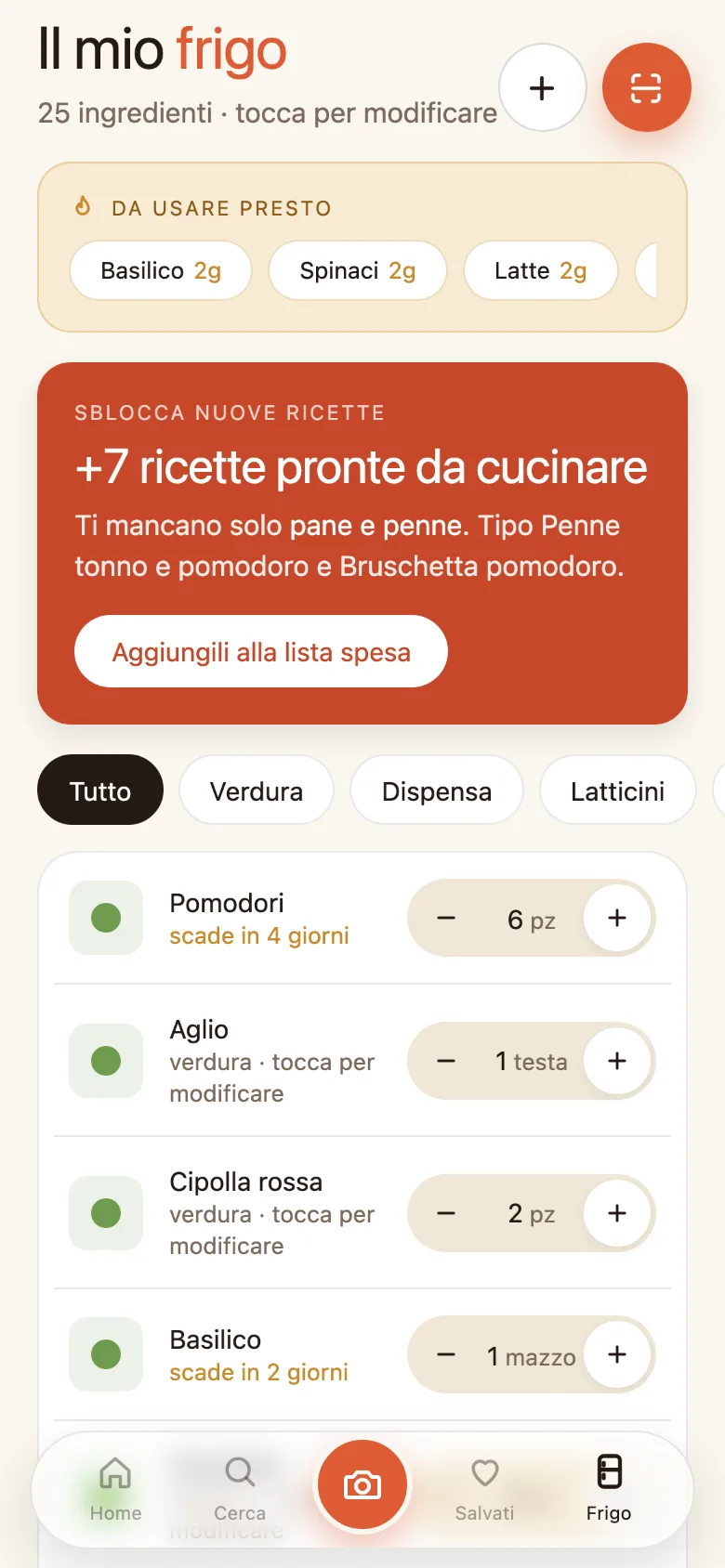 Il mio frigo: 25 ingredienti organizzati per categoria, con scadenze in evidenza