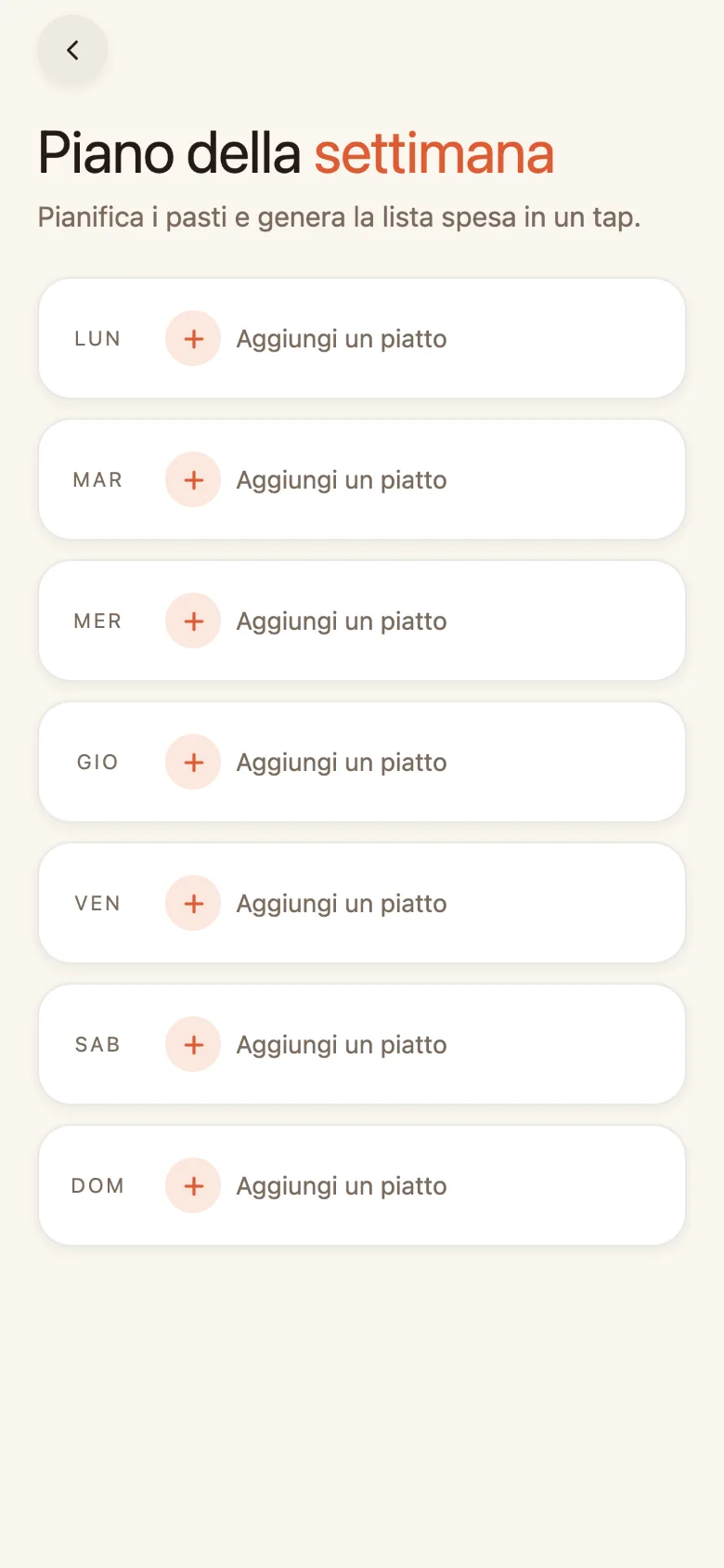 Piano della settimana: aggiungi i piatti, la lista spesa si genera da sola