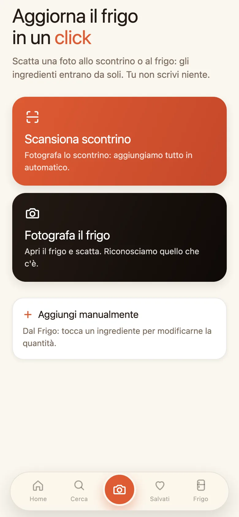 Schermata Scan di My Meals: scansiona scontrino o fotografa il frigo