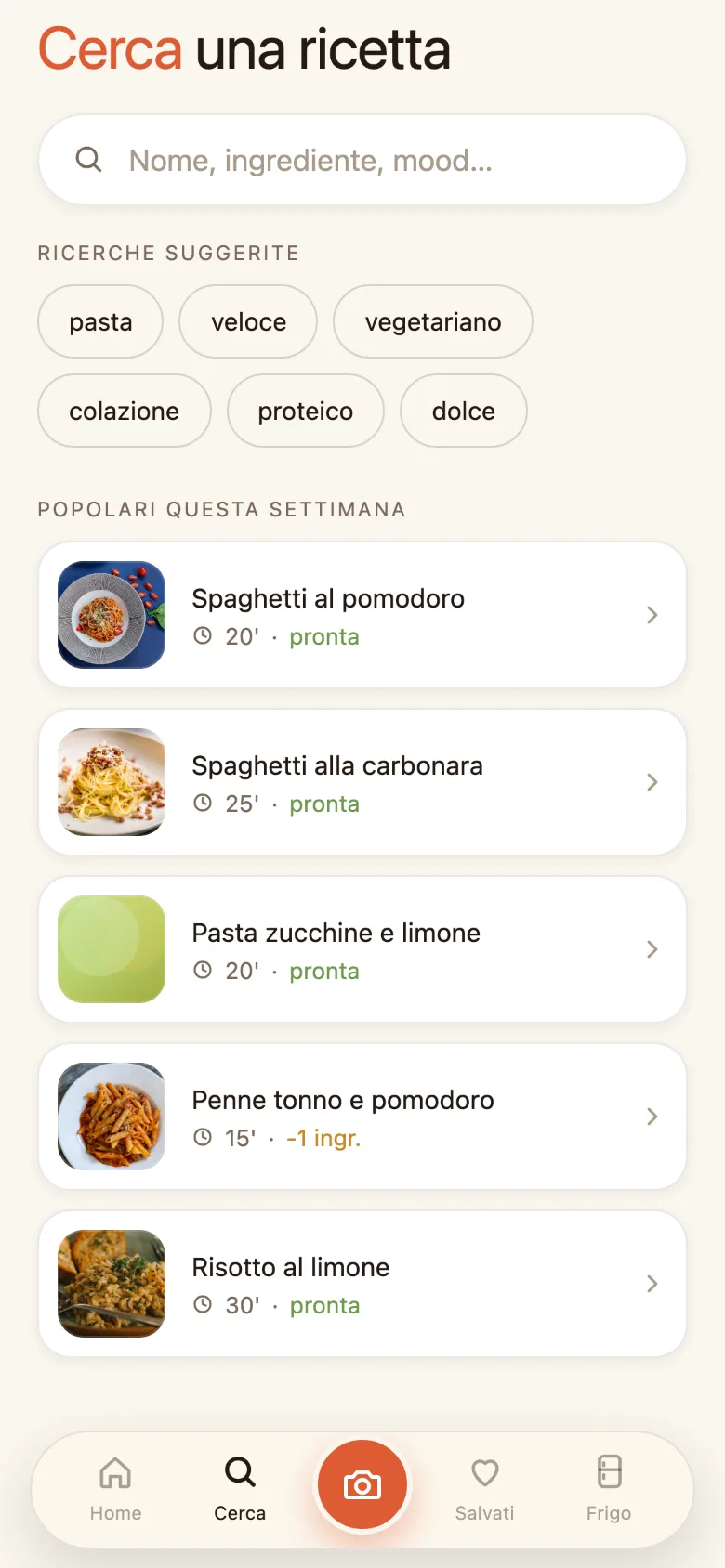 Ricerca ricette con filtri: pronte ora, veloci, vegetariane